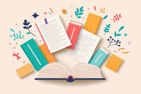 Colorful Illustration of Open Book Surrounded by Floating Pages and Leaves