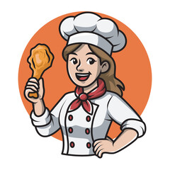 female chef mascot logo holding fried chicken

