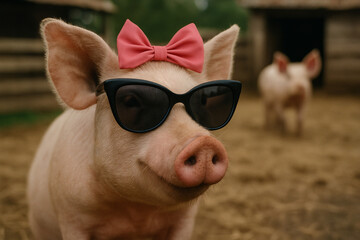 Adorable pig wearing black sunglasses and a pink bow in a farm setting, creating a humorous and charming vibe, perfect for creative or rural-themed designs.