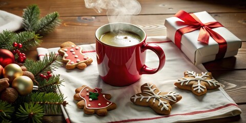 A steaming cup of hot cocoa, surrounded by festive gingerbread cookies and a wrapped gift, creating a cozy Christmas scene.