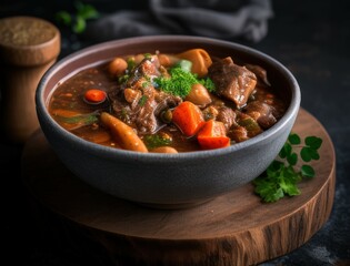Traditional creamy potato salad with fresh herbs served in rustic stone bowl on wooden table, surrounded by ingredients in dark moody kitchen setup.