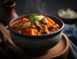 Traditional creamy potato salad with fresh herbs served in rustic stone bowl on wooden table, surrounded by ingredients in dark moody kitchen setup.