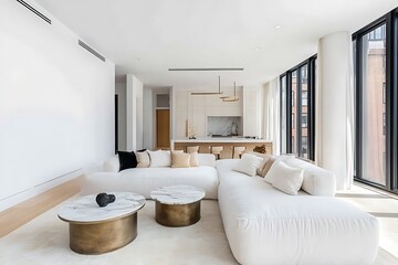 Bright Home Interior, White Modern Sofa, Round Tables, Windows, Minimalist Aesthetic