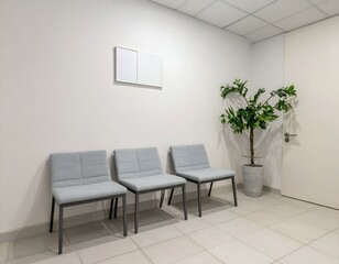 Modern waiting area with three grey chairs, a potted plant, and blank frames on a white wall. Perfect for office, clinic, or business settings.