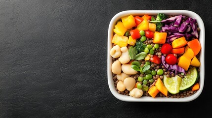 Fresh colorful vegetable salad in a white bowl on dark textured background healthy eating concept