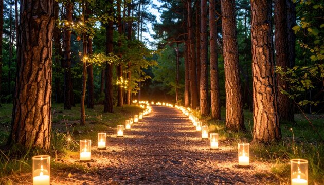 A tranquil forest path is adorned with glowing candles, celebrating the summer solstice under dusk.