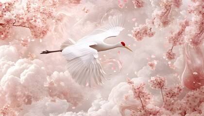 Delicate white crane soars amidst a flurry of pink blossoms.