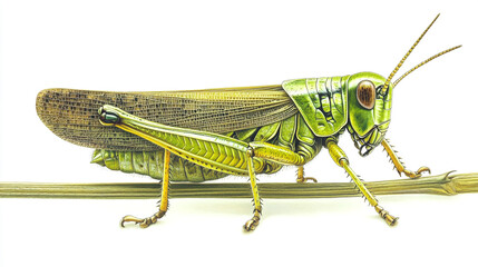 Green Grasshopper on Twig Detailed Illustration Insect Nature