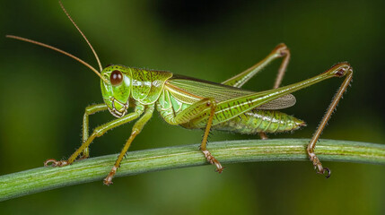 Fototapeta premium Green grasshopper on a green stem close-up view nature insect macro photography