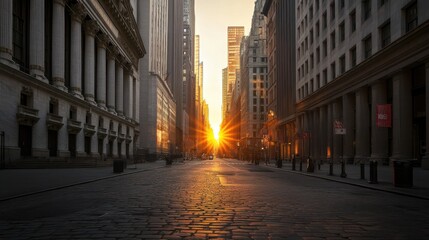Sunset over city street with buildings and warm golden light