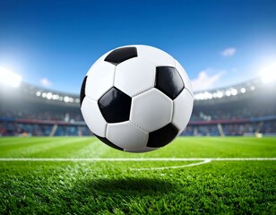 Fototapeta premium Soccer ball hovering above green field in a stadium. Perfect for sports, game, and football related projects.