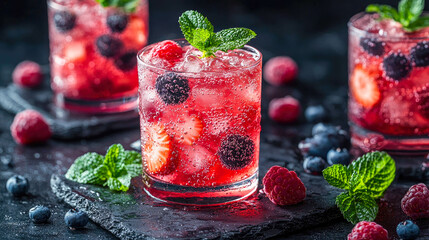 Refreshing berry cocktail with strawberries and raspberries in sparkling soda, garnished with mint leaves