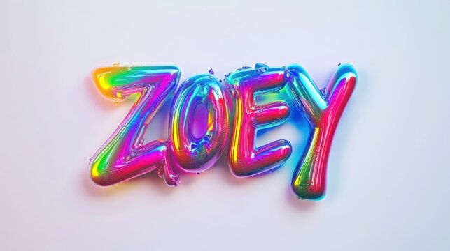 Iridescent foil balloon letters spelling Zoey on a crisp white backdrop