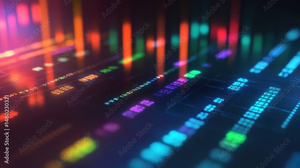 Poster abstract colorful data visualization with glowing lines and graphs