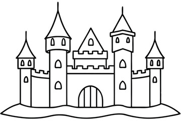 Fototapeta premium Outlined drawing shows a medieval castle structure with towers and fortified walls and ramparts