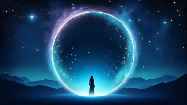 Large blue portal with silhouette small abstract woman with copy space for new begginings, horoscope or new year