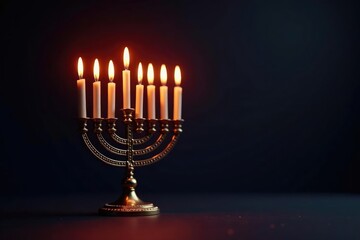 Fototapeta premium A brightly lit menorah with flickering candles on a dark background , chag urim, jewish