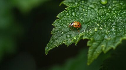 Ladybug on Dew Covered Leaf Green Nature