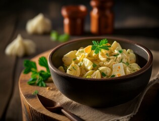 Traditional creamy potato salad with fresh herbs served in rustic stone bowl on wooden table, surrounded by ingredients in dark moody kitchen setup.