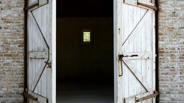 Opening Old White Wooden Barn Doors Revealing Interior