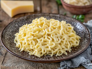 Delicious bowl of cooked pasta topped with grated cheese, served in a rustic ceramic bowl, perfect for comfort food lovers and Italian cuisine themes.