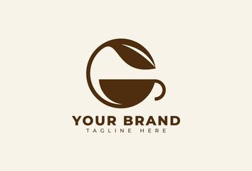 Hot Green Coffee Drink with Leaf and Cup Logo Design Element