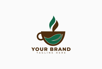 Leaf and Cup Icon for Hot Drink, Green Tea or Coffee Logo Design Element