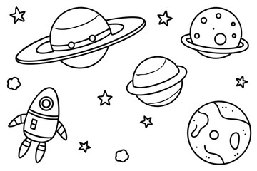 Fototapeta premium Outlined rocket orbits a cartoon planet amidst stars and clouds on a transparent backdrop