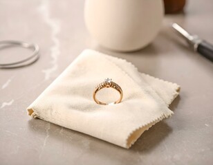 Diamond ring on a beige polishing cloth.  Elegant jewelry cleaning concept.