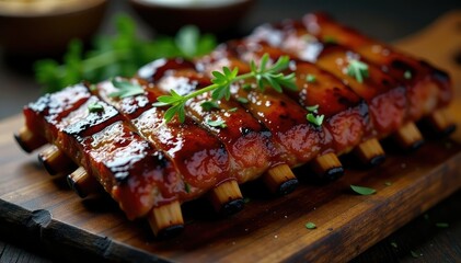 Charred, fatty ribs, glistening with rendered fat, sauce, spicy, bbqfood