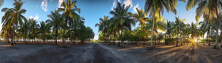 Fototapeta premium Serene panorama featuring lush palm trees, sand paths, and a breathtaking tropical sunset
