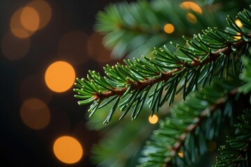 Close-up of a pine branch adorned with sparkling glitter, festive holiday decoration , silver, tree, seasonal