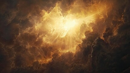 Golden light piercing dark, heavy clouds.