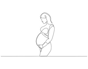 Continuous one line drawing of pregnant woman touching her belly. One line drawing illustration of woman pregnant. International mother day concept single line. Editable outline