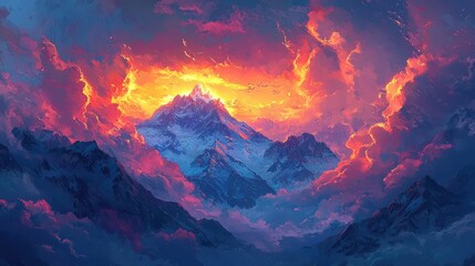 Vivid mountain peak emerging from fiery cloudscape.