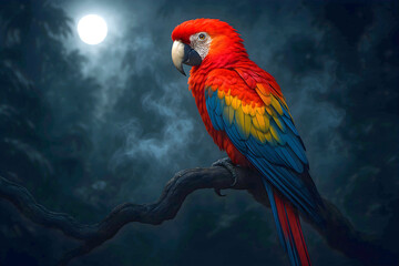 Obraz premium Scarlet Macaw Perched on Dark Branch in Moonlit Jungle Scene.