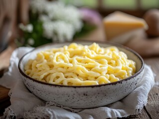 Delicious bowl of cooked pasta topped with grated cheese, served in a rustic ceramic bowl, perfect for comfort food lovers and Italian cuisine themes.
