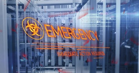 Orange emergency overlay showing biohazard symbol across data center racks, with cables under glass - Powered by Adobe