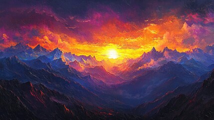 Dramatic mountain range at vibrant sunset.