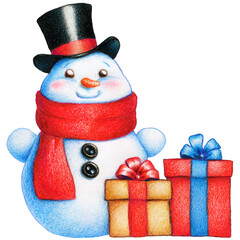 illustration of snowman with present