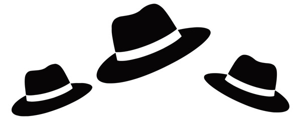 Set of vector illustrations of classic fedora hats in black with light bands, displayed in various angles. Perfect for fashion, retro, or vintage design elements.