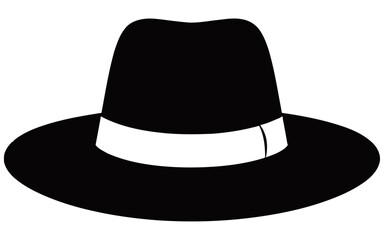 Minimalist vector illustration of a wide-brimmed fedora hat in black with a light-colored band, showcasing a classic vintage style suitable for fashion or retro design themes.