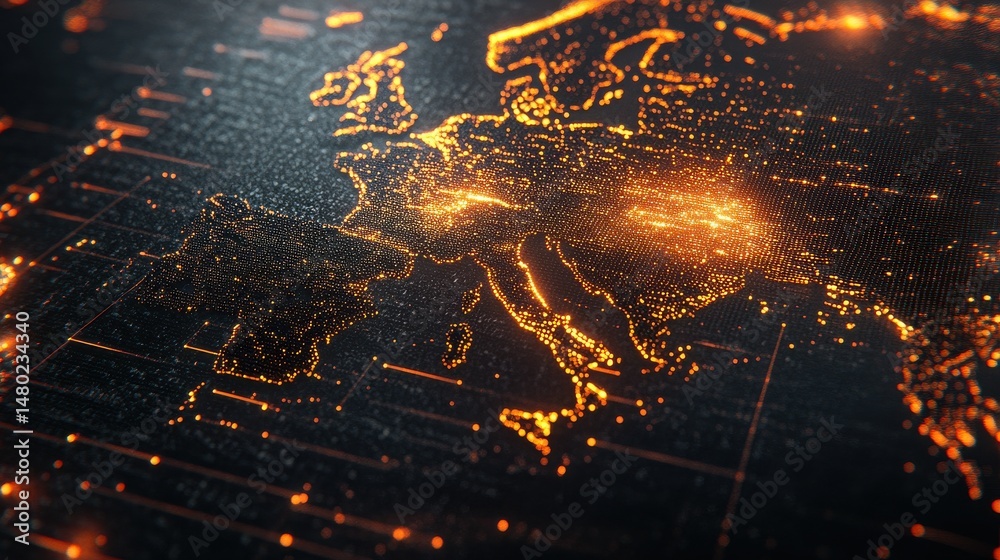 Poster abstract digital map visualization with glowing points and lines