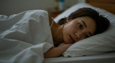 Young woman suffering from insomnia lying in bed awake at night