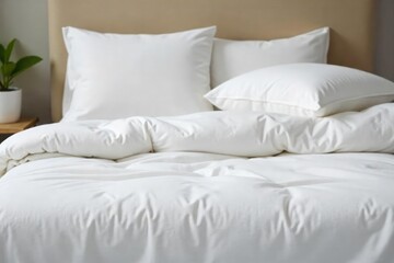 Crisp white sheets, plush duvet, neatly arranged , minimalist, luxury