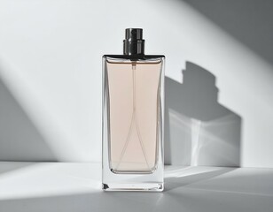 Elegant perfume bottle on white background with sunlight shadow. Minimalist product photography.