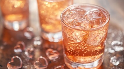 Refreshing Sparkling Beverage with Ice Cubes in Clear Glasses on Wooden Table with Heart-Shaped Ice Decorations