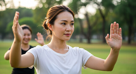 Women practicing tai chi chuan in the park