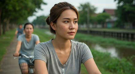 Obraz premium Young asian women riding bicycles in a park near a river in thailand