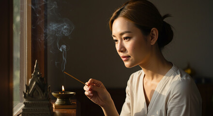 Fototapeta premium Asian woman lighting incense stick in front of window with small temple model